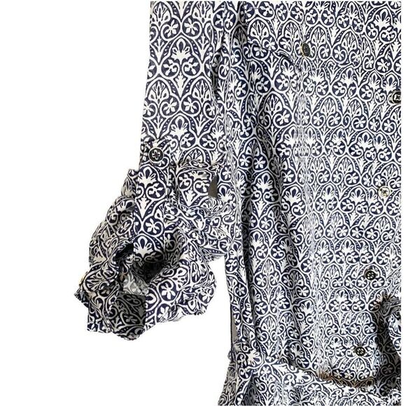 Tory Burch Blue Tile Printed White Button Up Belted Long Sleeve Work Dress Siz 8 - Picture 9 of 13